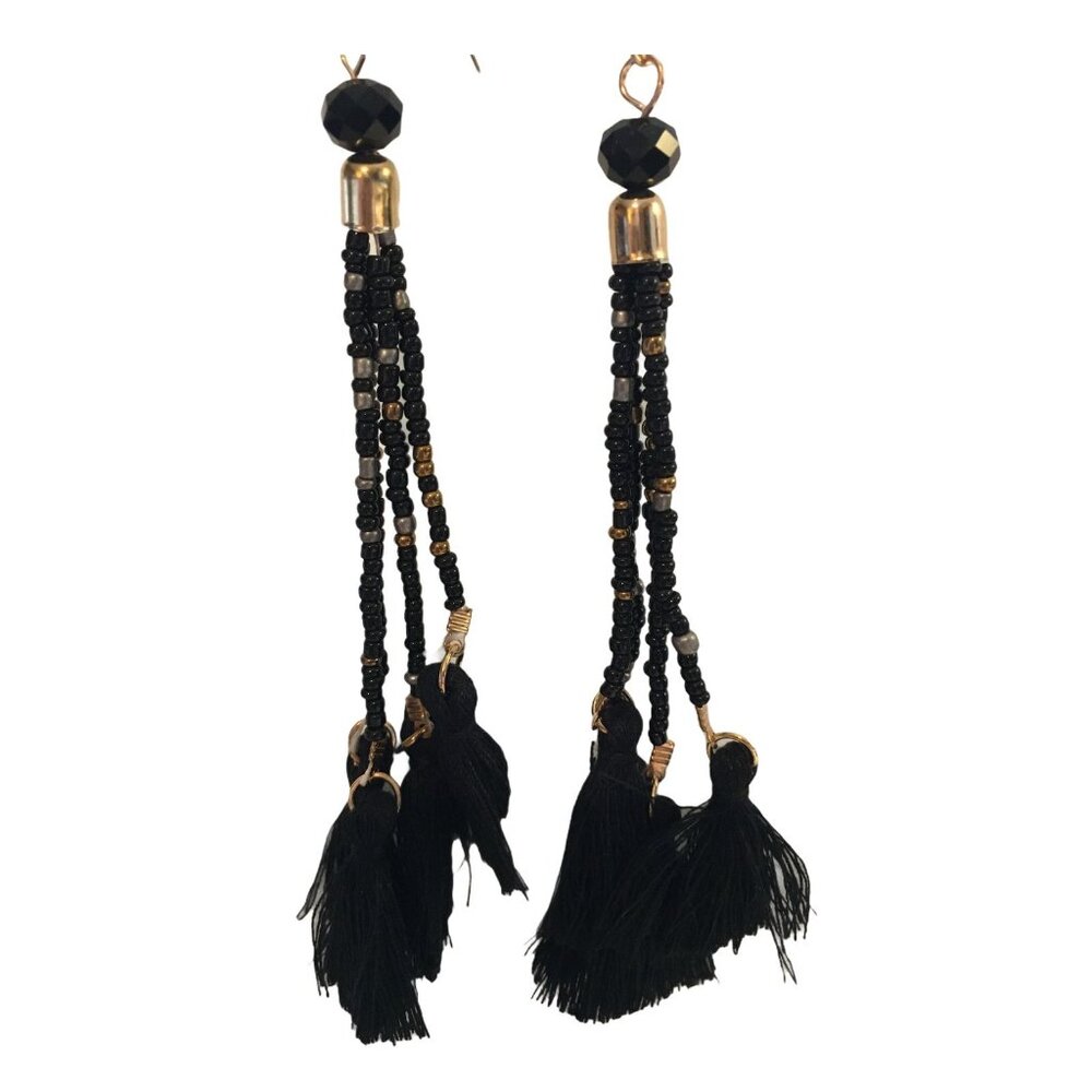 Black Gold XL Beaded BOHO Gypsy Festival Fringe Tassel Hippie 5" Earrings NWT - Picture 3 of 3